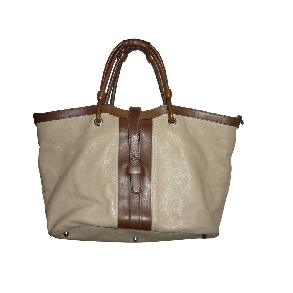Marco Buggiani Chic‎ Tote Bag Women Beige Brown Leather Top Handle Shoulder Bag